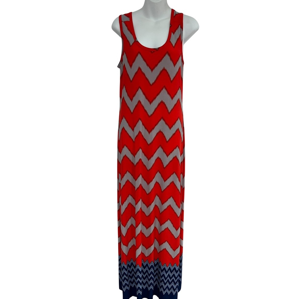 Nine West Red and Gray Sleeveless Maxi Dress for Resort Wear Chevron Pattern Med
